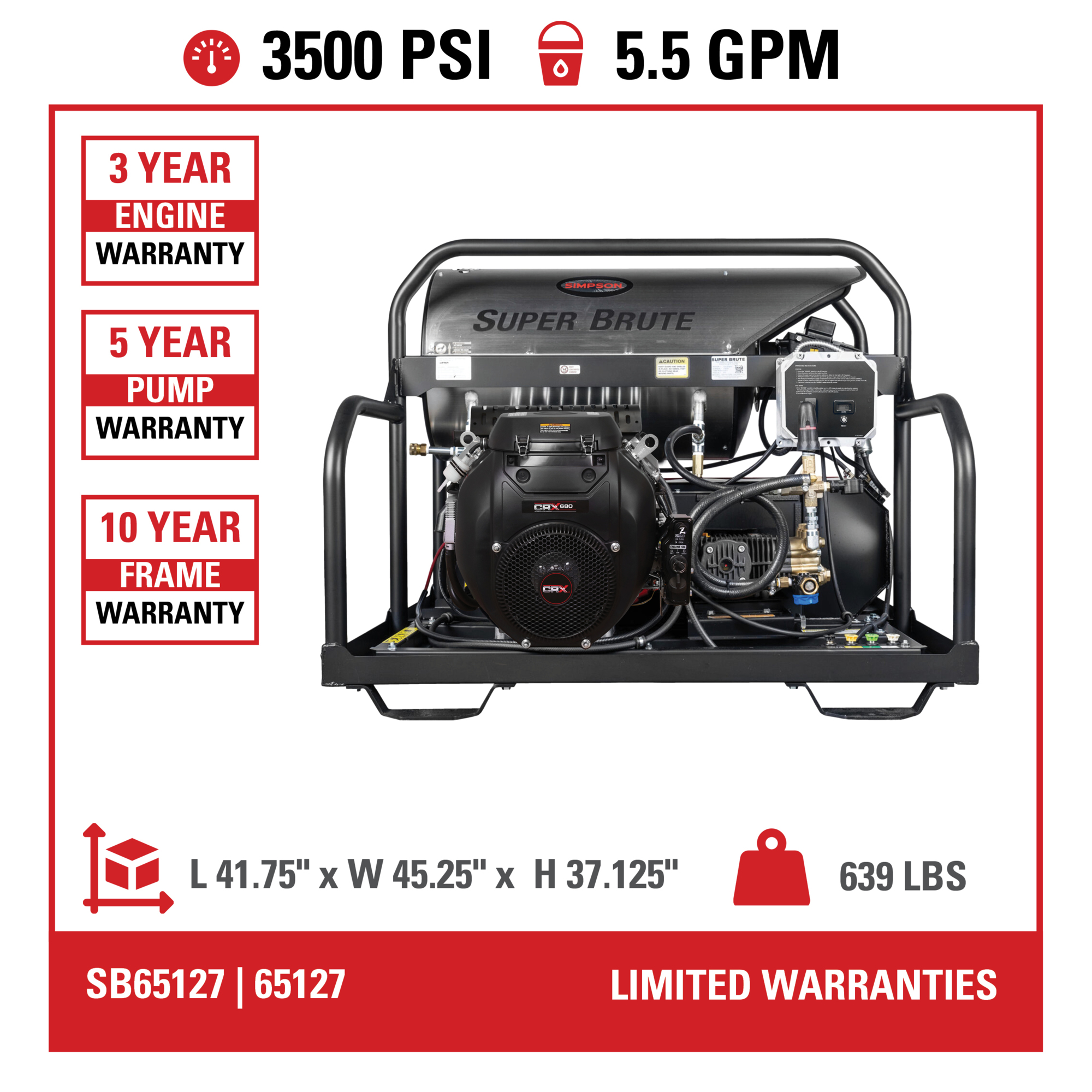 Simpson Super Brute Hot Water Gas Pressure Washer — 3500 PSI, 5.5 GPM, CRX Engine, Comet Pump, Model# SB3555131EDC1
